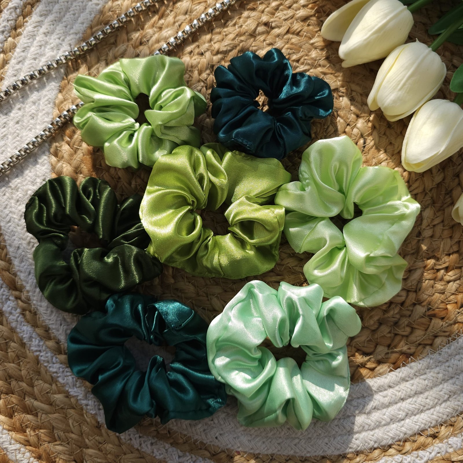 Metallic-green-satin-silk-medium-scrunchies Affordable satin hair scrunchies