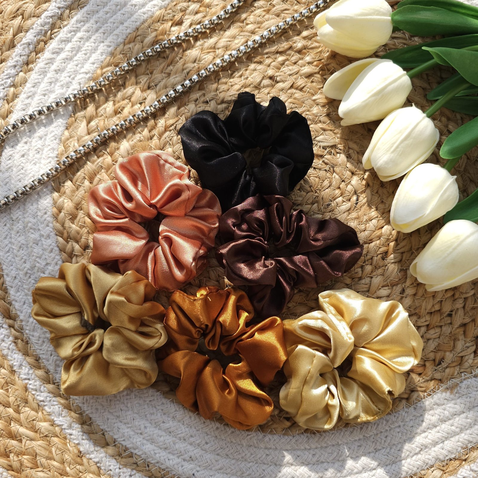 Metallic-satin-silk-medium-scrunchies premium satin scrunchies