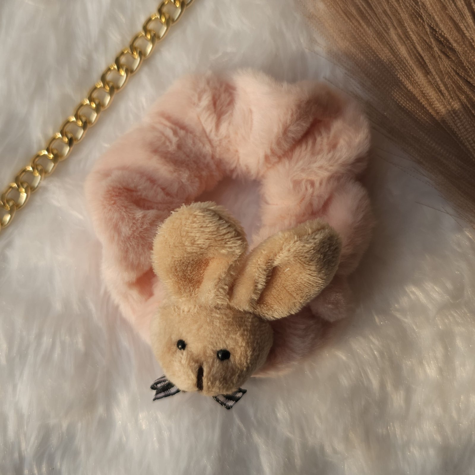 peach-bunny-hair-scrunchies Beige teddy scrunchie for winter