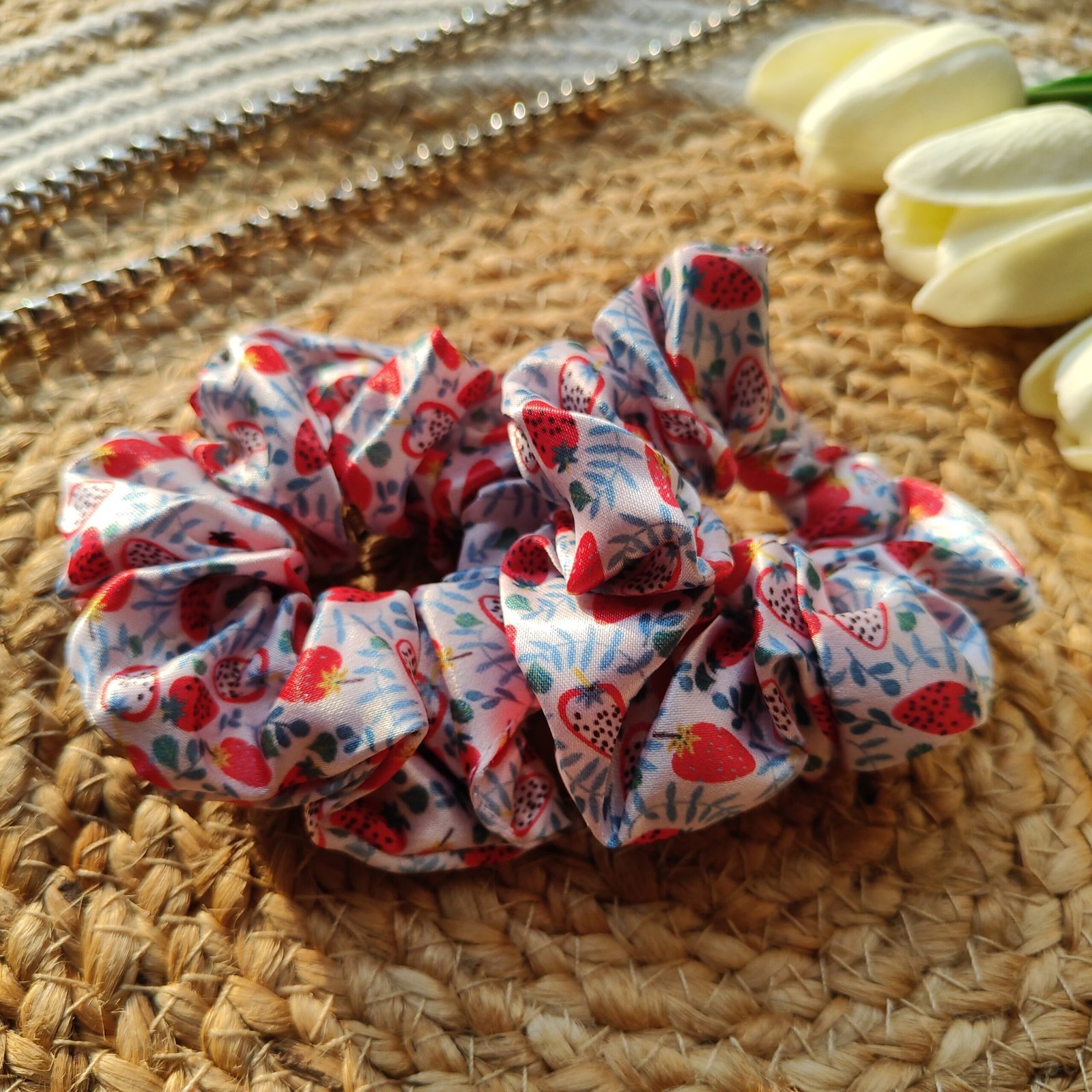 strawberry-satin-scrunchie printed silk satin scrunchies