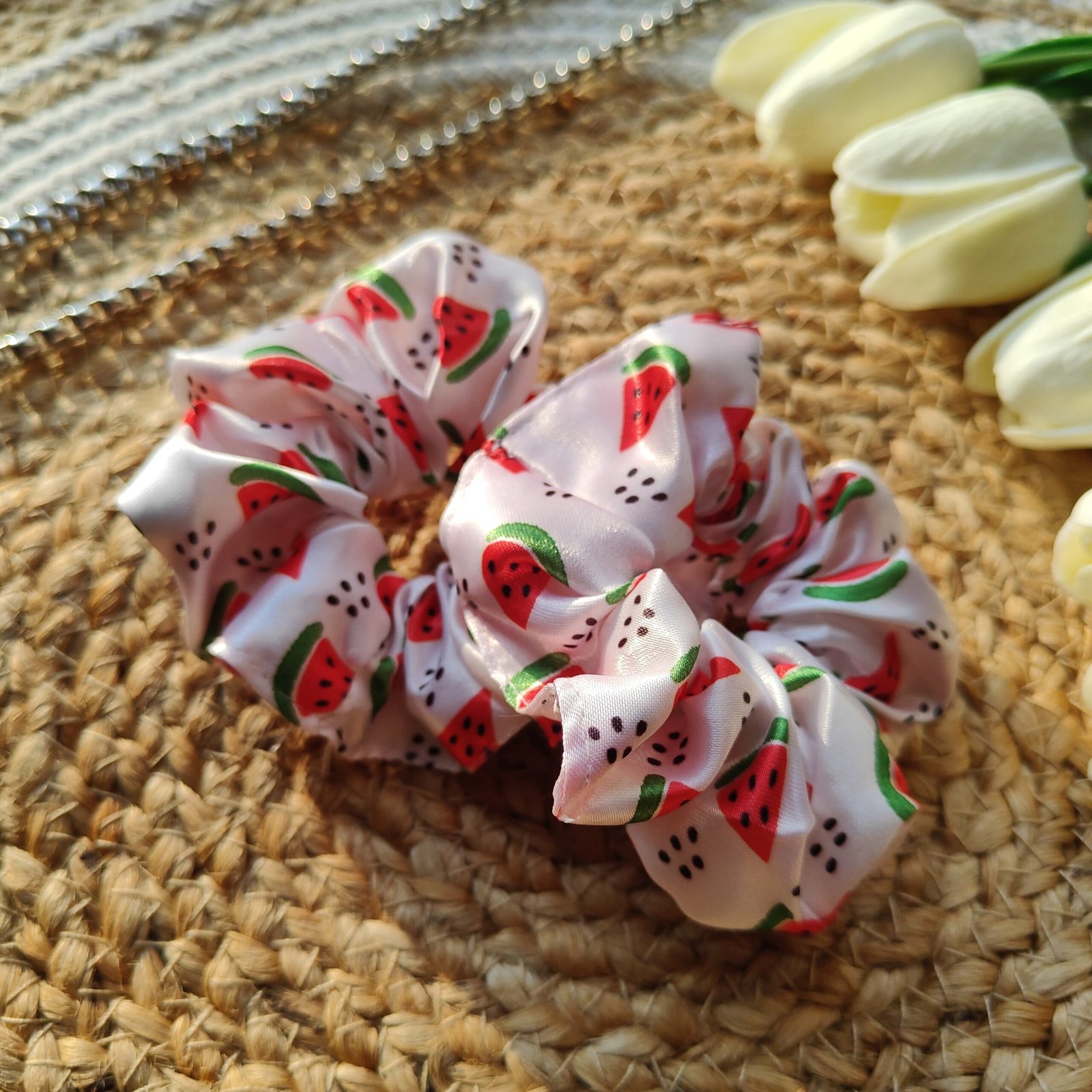 watermelon-satin-scrunchie luxury printed satin scrunchies