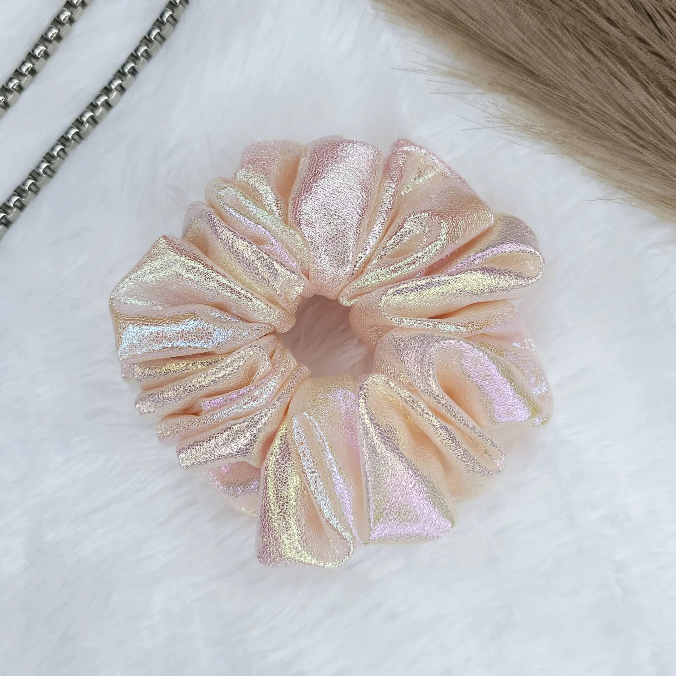 holographic-peach-metallic-scrunchie holographic peach metallic scrunchies