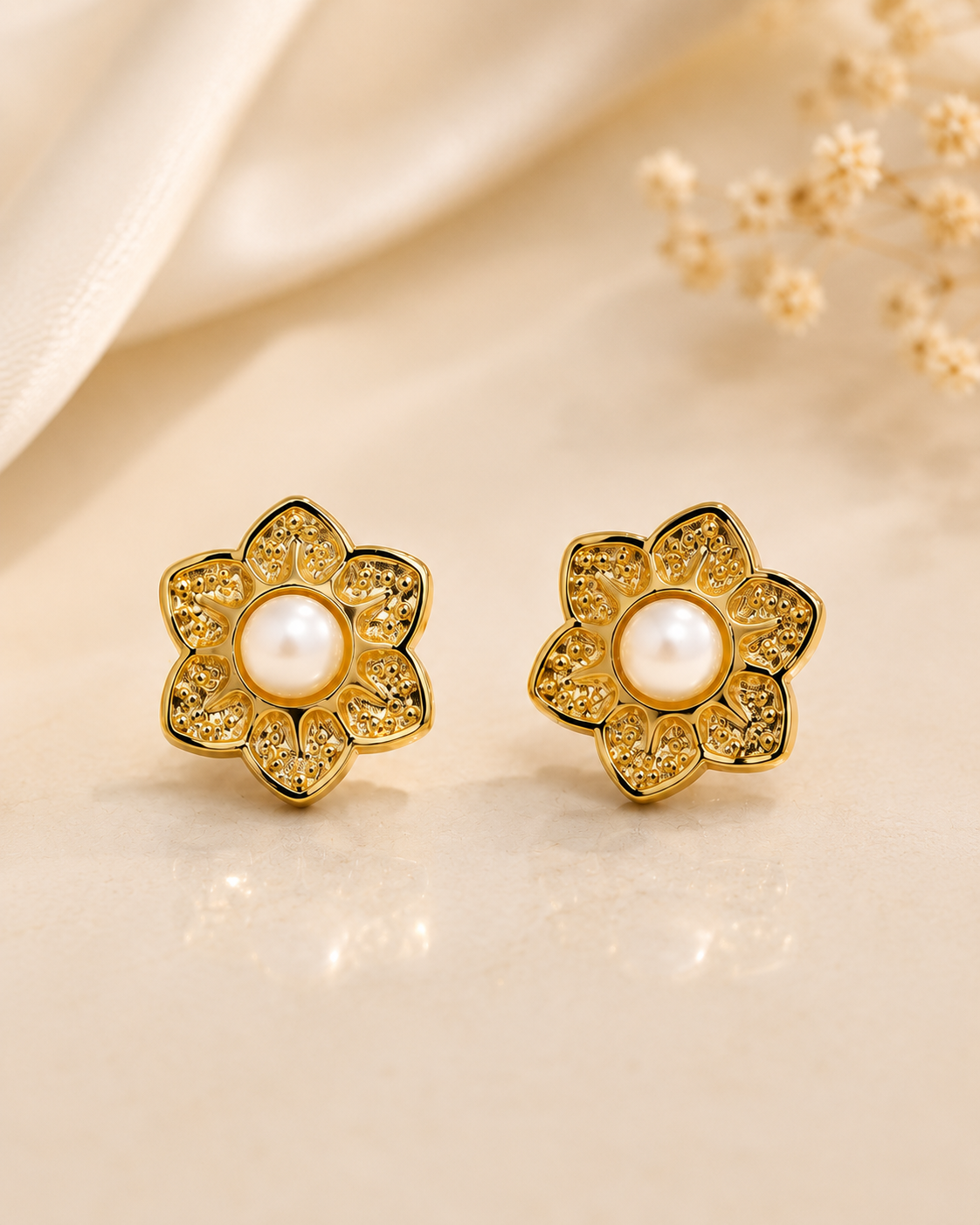 Golden Daisy Pearl Earrings Golden Daisy Pearl Earrings with Floral Design and Pearl Centerpiece