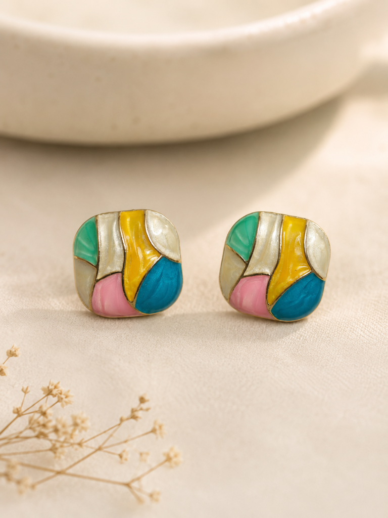 Multicolor Block Stud Earrings with Abstract Color Block Design