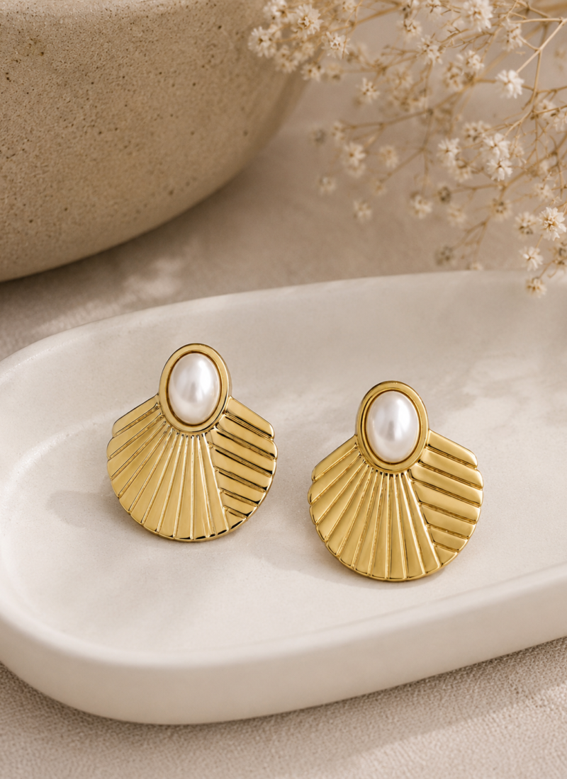 Golden Shell Pearl Stud Earrings with Oval Pearl Design