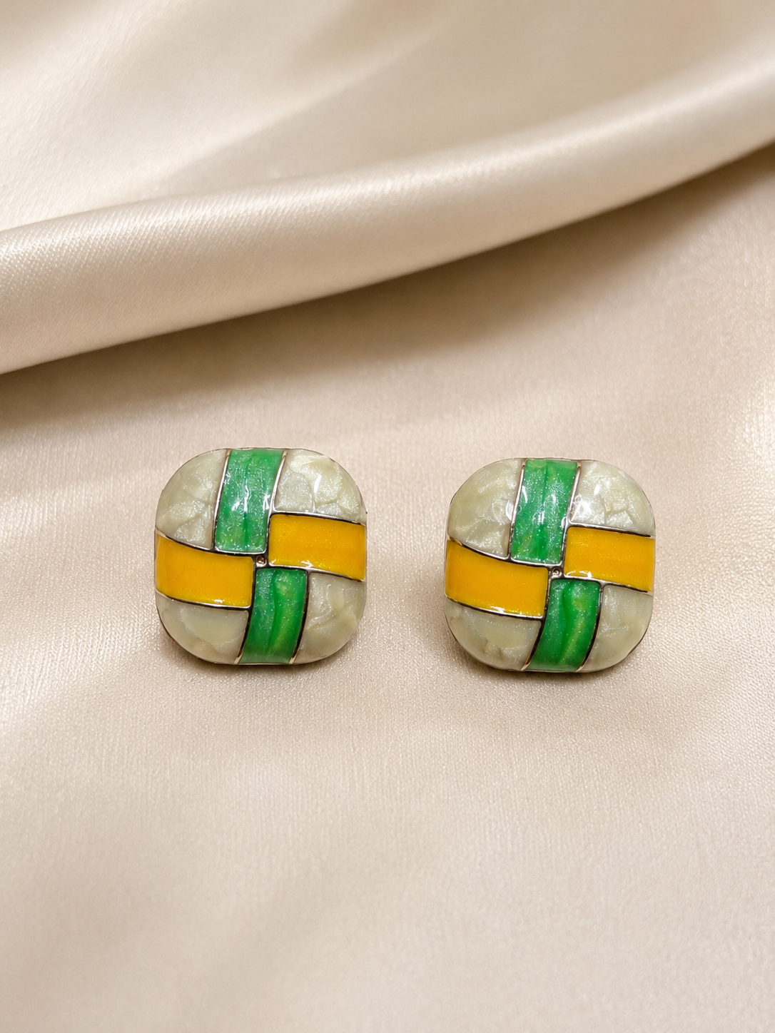 Green Yellow Block Stud Earrings Green Yellow Block Stud Earrings with Geometric Color Block Design