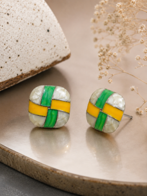 Green Yellow Block Stud Earrings - Image 3