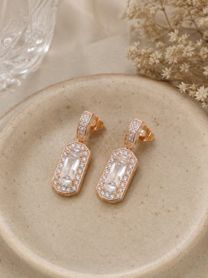 Elara Rose Gold Statement Drop Earrings with Baguette Crystal
