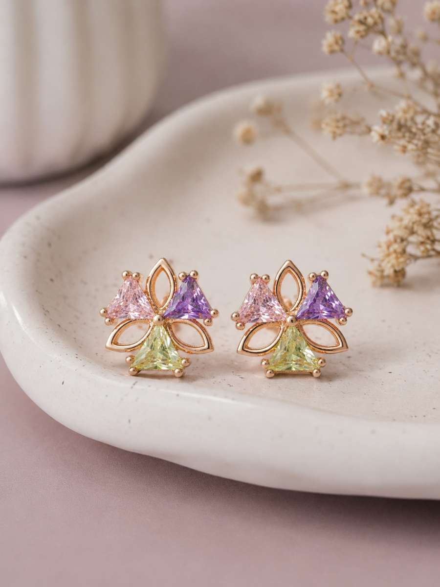 Pastel Bloom Stud Earrings with Pink Purple and Green Crystal Floral Design