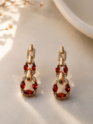 Luxury Gold Statement Earrings with Ruby Red Crystal Stones