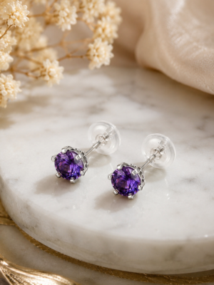 Crystal Purple Stud Earrings with 925 Sterling Silver Posts