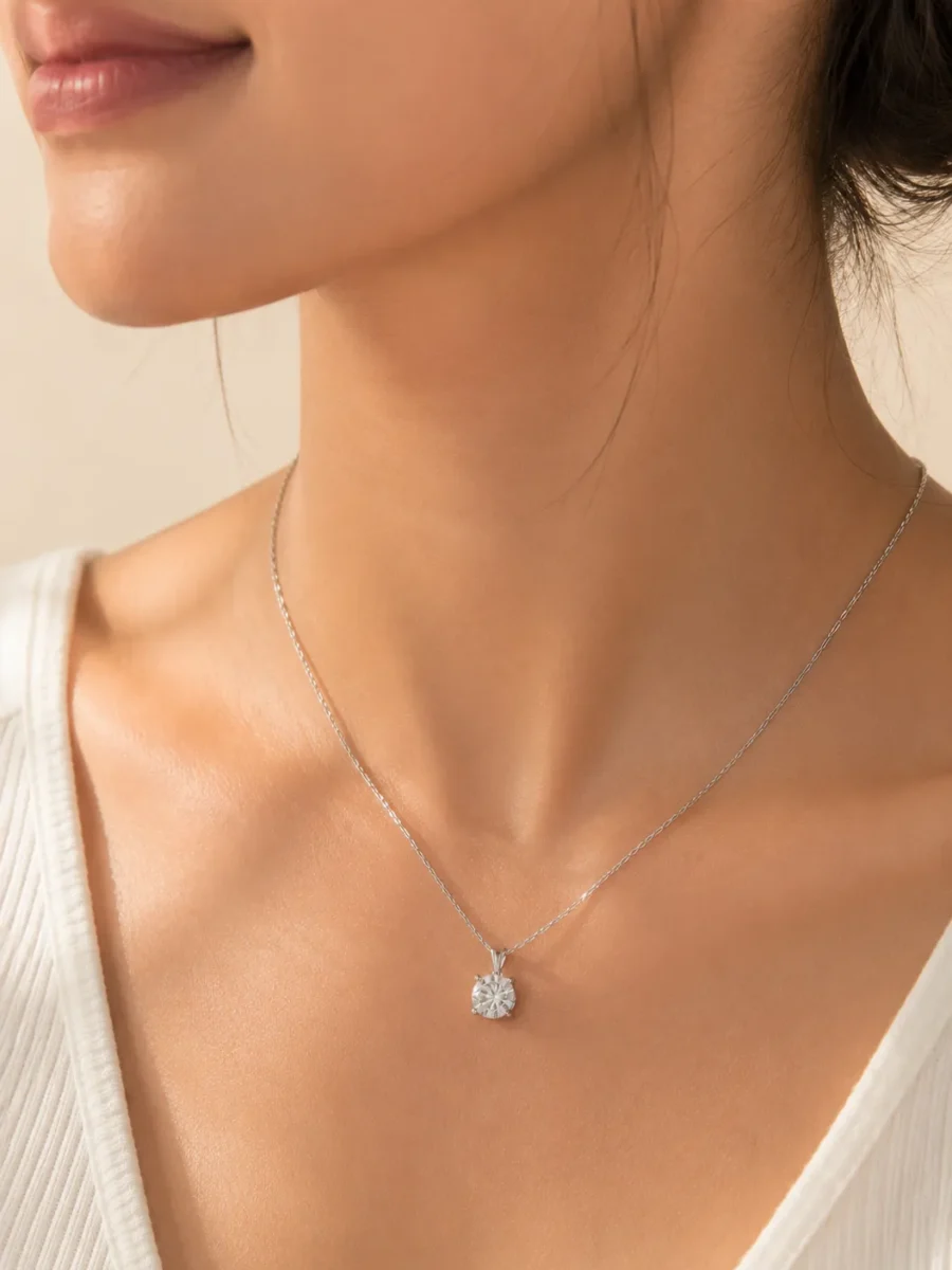 Starlight White Crystal Pendant Necklace featuring a brilliant round-cut white crystal solitaire on a silver chain
