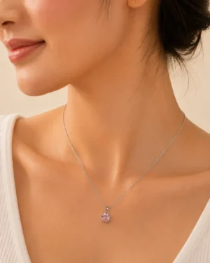 Blush Pink Pendant Necklace featuring a sparkling round blush pink crystal on a silver chain