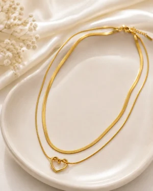 Open Heart Double Layer Gold Necklace with Herringbone Chain and Minimal Heart Pendant