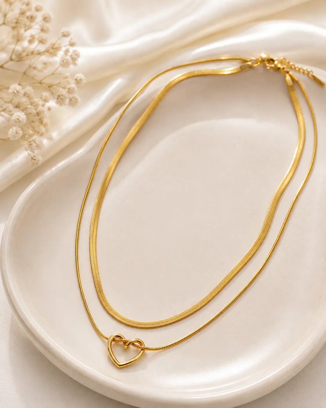Open Heart Double Layer Necklace Open Heart Double Layer Gold Necklace with Herringbone Chain and Minimal Heart Pendant