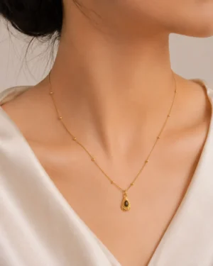 Ophelia Pendant Necklace with Gold Beaded Chain and Black Teardrop Stone Pendant
