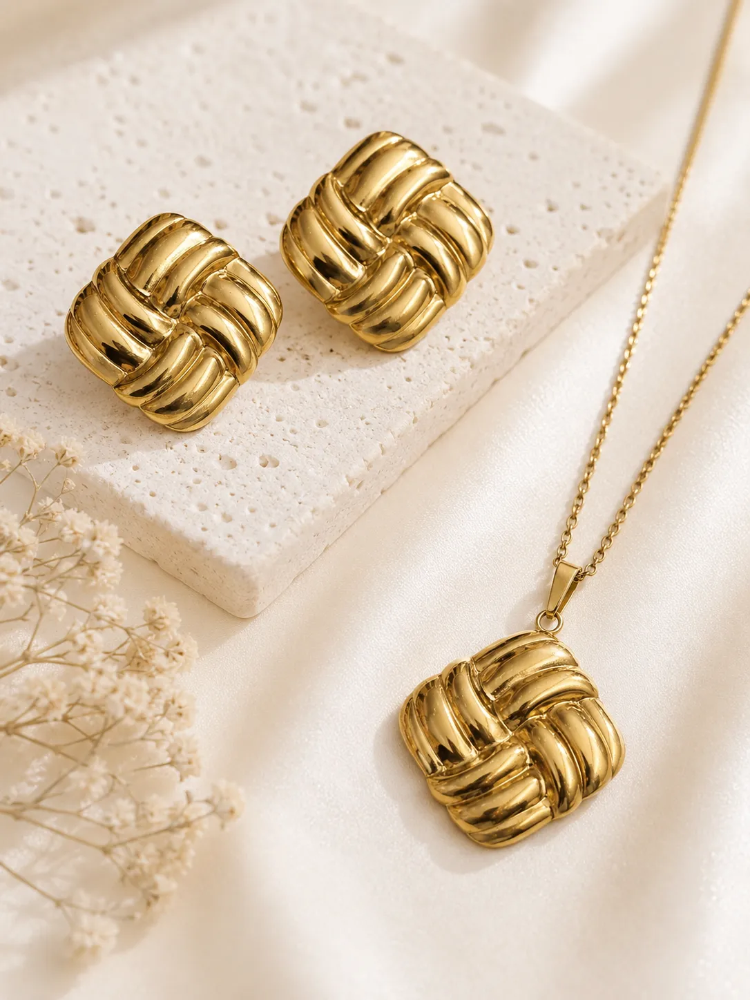 Aurielle Knot Jewelry Set Aurielle Knot Jewelry Set with Gold Woven Pendant Necklace and Matching Knot Earrings