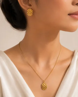 Golden Matrix Earring with Pendant Neckchain Set - Image 2