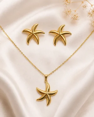 Golden Palm Necklace Set with Matching Gold Palm Earrings