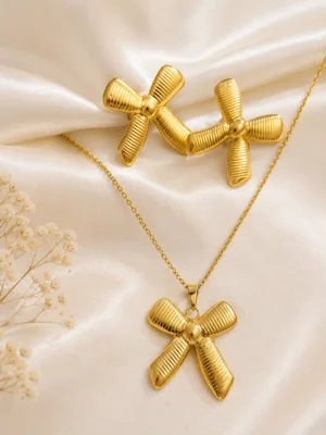 Golden Grace Bow Set with Gold Bow Pendant Necklace and Matching Bow Earrings