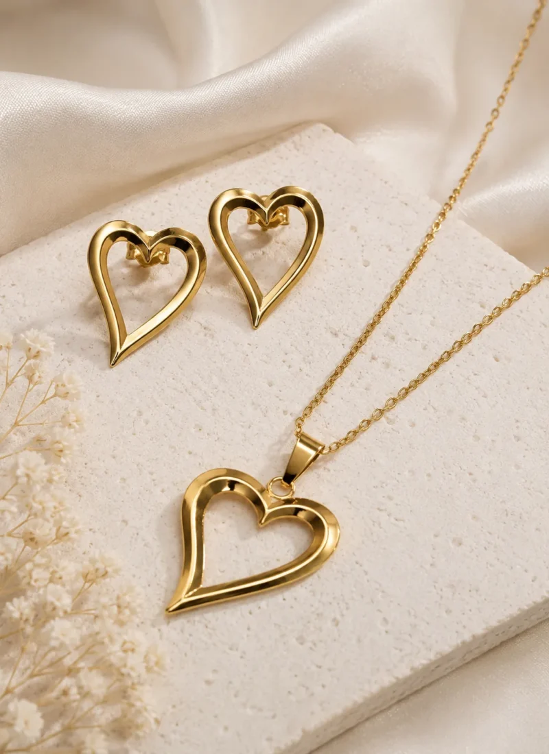 Love Loop Set with Gold Heart Pendant Necklace and Matching Heart Earrings