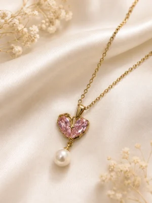 Pink Pearl Drop Pendant Necklace with Heart Crystal and Pearl Drop
