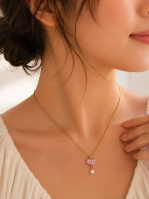 Pink Pearl Drop Pendant Necklace - Image 2