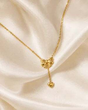 Bow & Heart Necklace with Gold Bow Pendant and Dangling Heart Charm