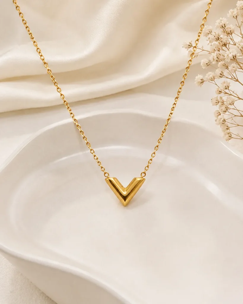 Golden V-Shape Minimal Pendant Necklace with Gold Chain