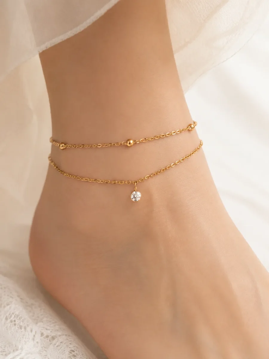 Starlight Layered Gold Anklet with Crystal Charm for Women
