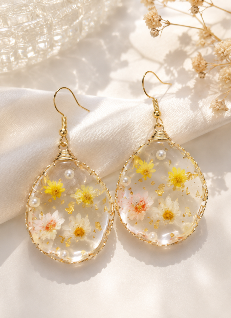 Honey Blossom Resin Teardrop Earrings with Real Dried Flowers