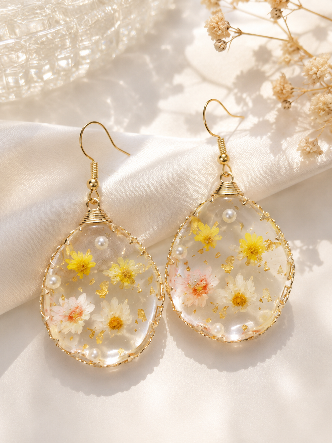 Honey Blossom Resin Teardrops Honey Blossom Resin Teardrop Earrings with Real Dried Flowers