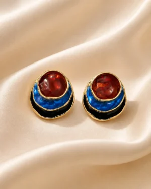 Blue & Red Enamel Earrings with Gold-Tone Circular Design