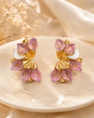 Pink Blossom Statement Earring with Gold Floral Design