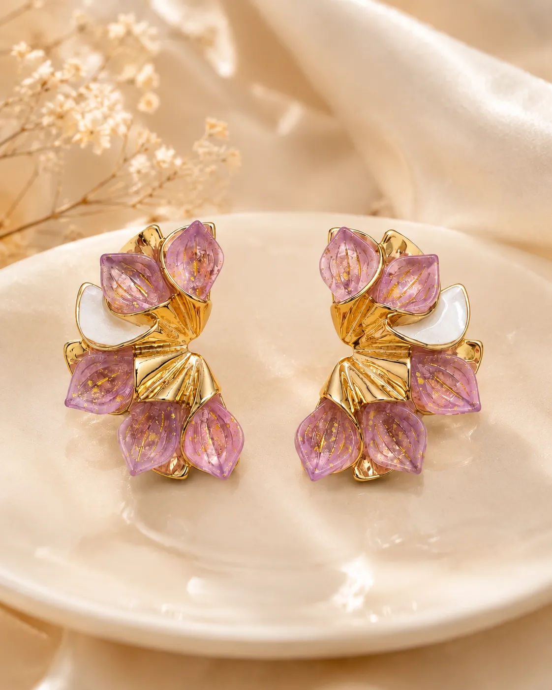 Pink Blossom Statement Earring Pink Blossom Statement Earring with Gold Floral Design