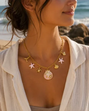 Blush Coastal Charm Necklace featuring a pink shell pendant with starfish, turtle, seashell, and gold beach charms