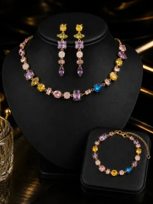 Aurora Luxe Jewellery Set featuring a multi-colour crystal necklace, matching bracelet, and statement drop earrings in gold finish