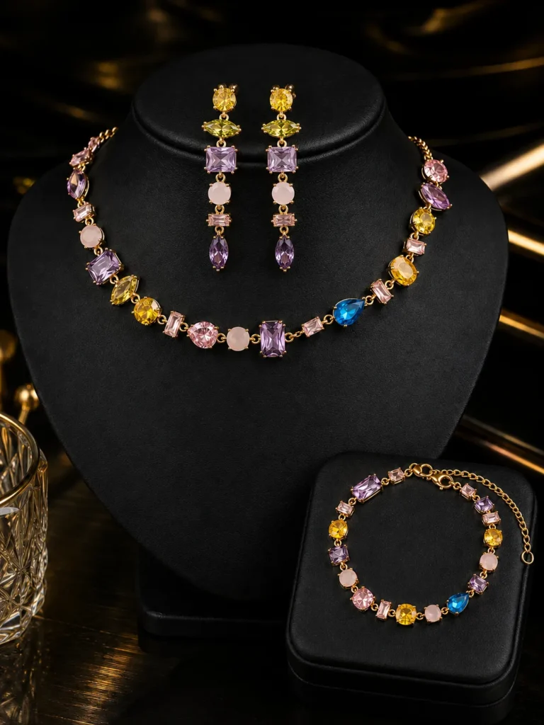 Aurora Luxe Jewellery Set featuring a multi-colour crystal necklace, matching bracelet, and statement drop earrings in gold finish