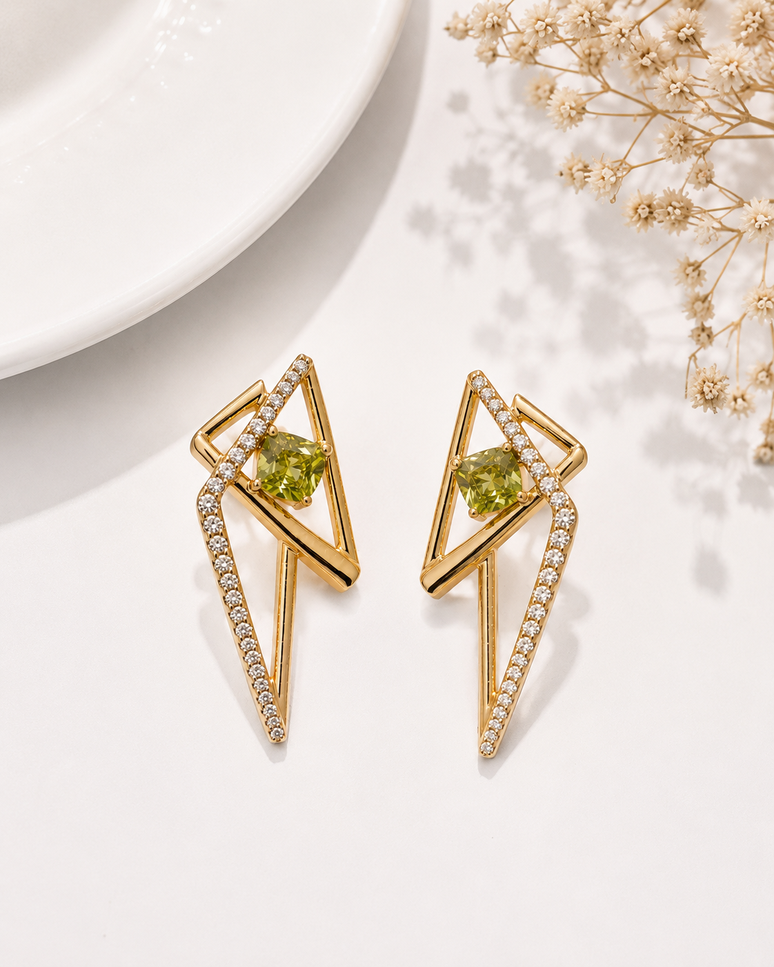 Olive Spark Geometric Gold Earrings Olive Spark Geometric Gold Earrings with Green Crystal