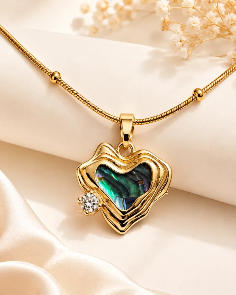 Heart of Sea Necklace featuring an iridescent ocean-inspired heart stone with a sparkling crystal accent in a premium gold finish