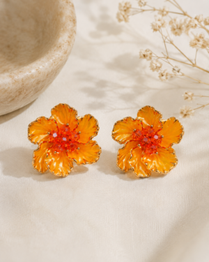 Hibiscus Bloom Flower Stud Earrings with Crystal Center