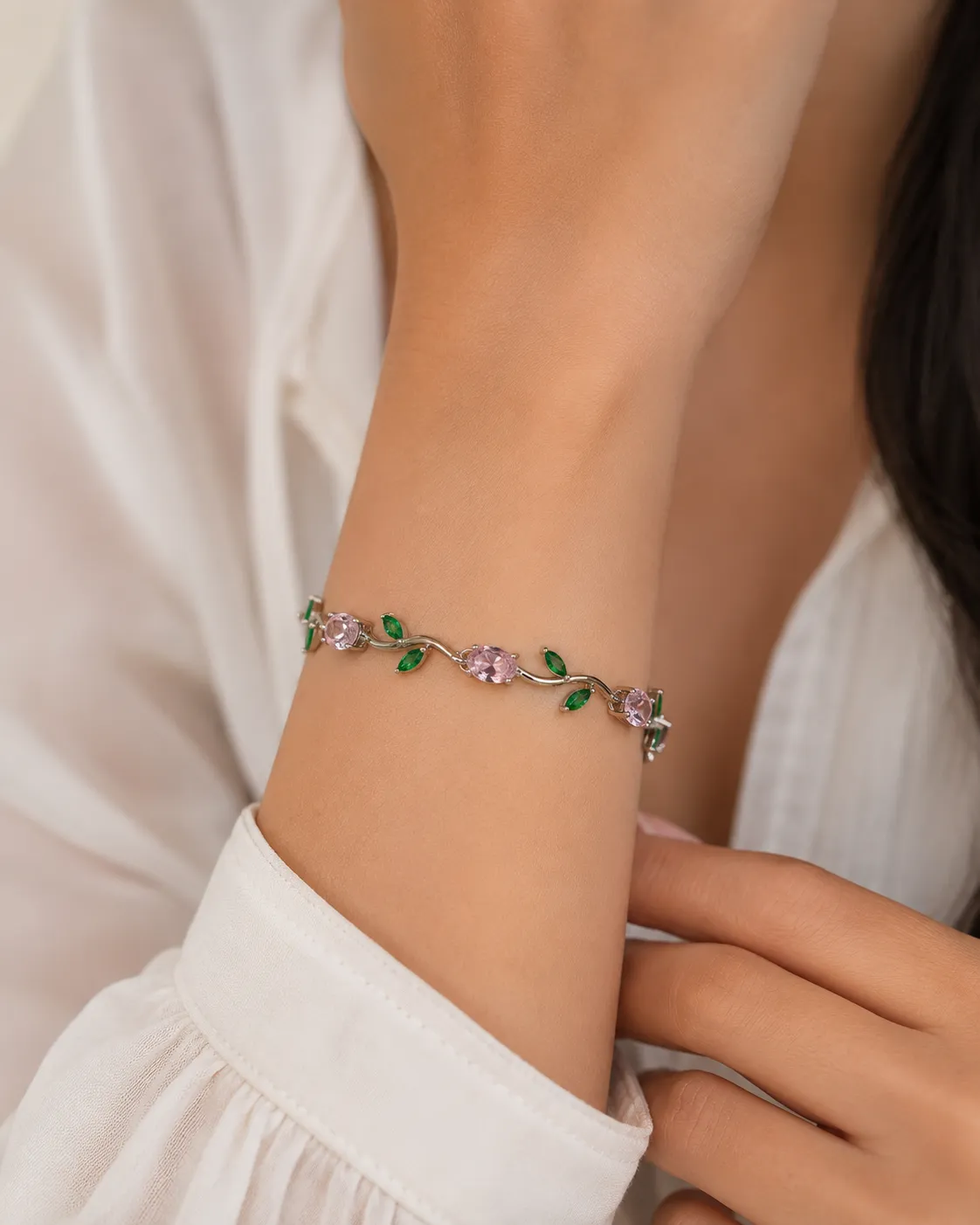 Blossom Pink Green Crystal Bracelet Blossom Pink Green Crystal Bracelet with Floral Design for Women