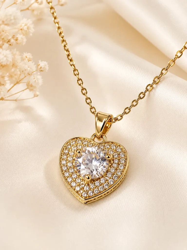 Classic Heart Crystal Pendant Necklace with sparkling crystal center and pavé heart design in premium gold finish