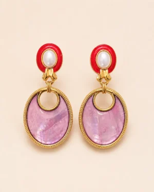 Vintage Pink Marble Pearl Drop Earrings - Image 3