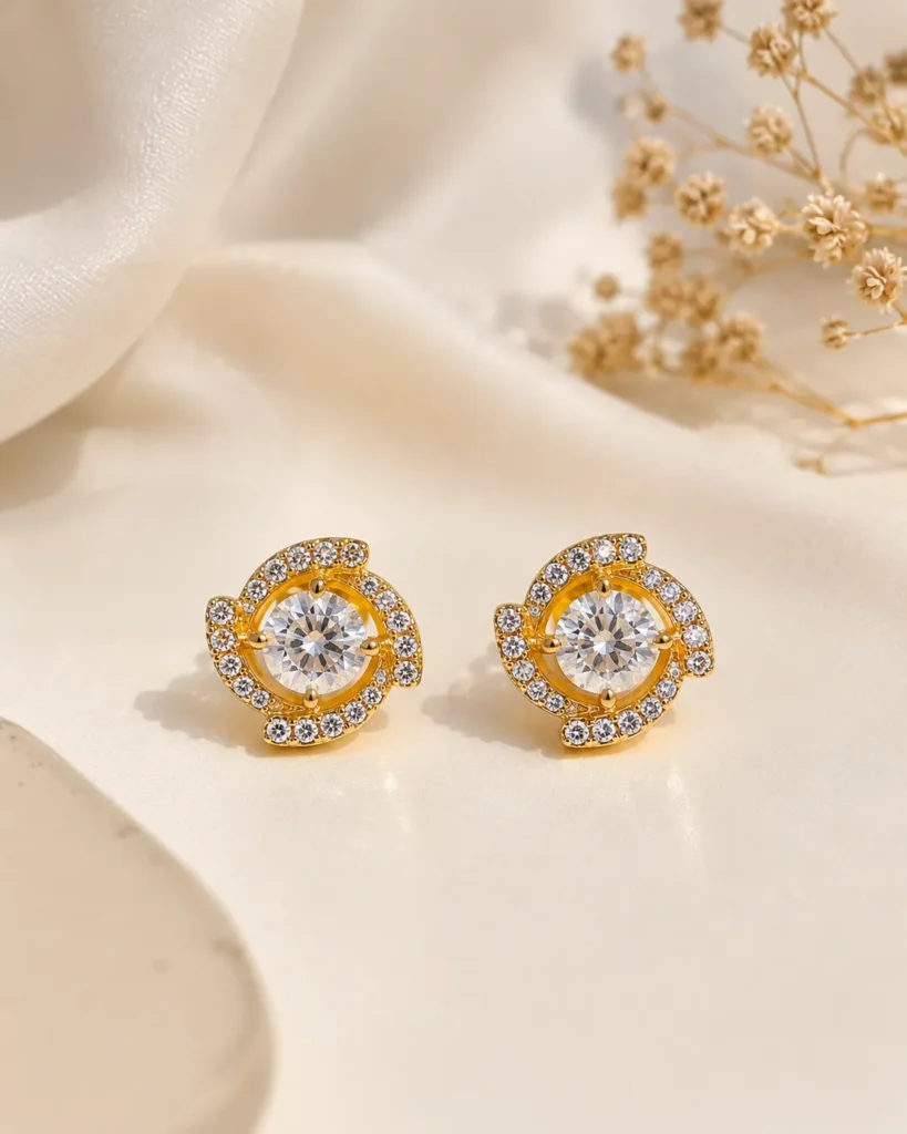 Golden Crystal Halo Stud Earrings with 925 Sterling Silver Posts