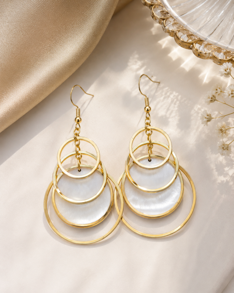 Luxe Gold Circle Dangle Earrings with Shell Accents