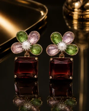 Brown Stone Flower Earring with Crystal Floral Design
