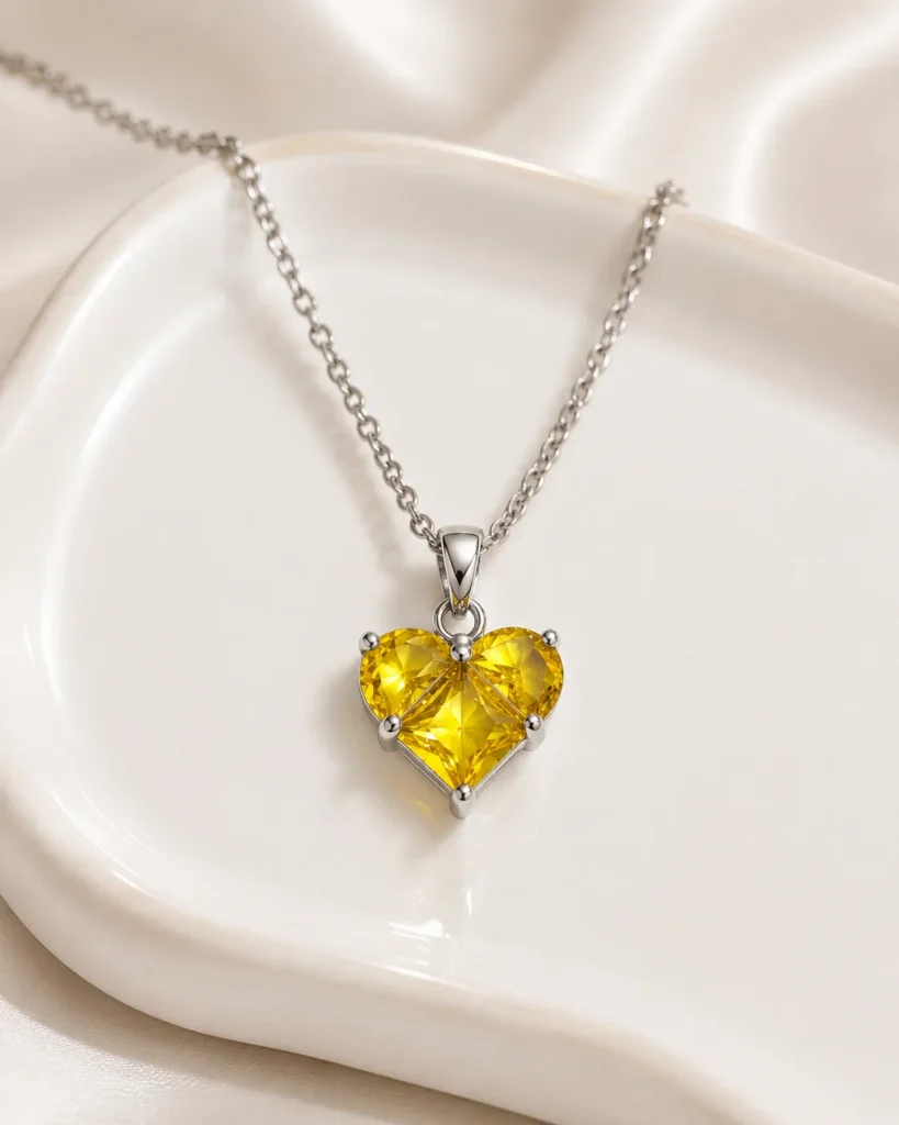 Yellow Stone Heart Pendant Necklace with brilliant yellow crystal stones in a premium silver finish