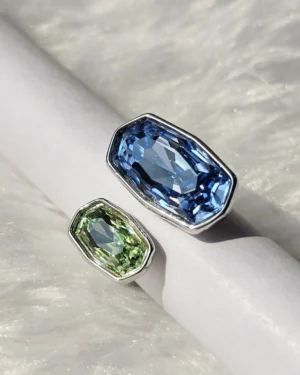 Blue and green crystal open statement ring