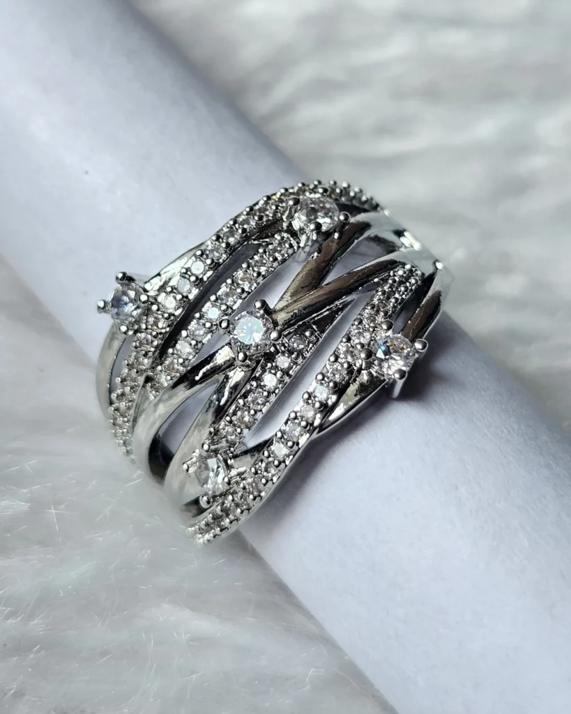 Silver crystal multi-band statement ring